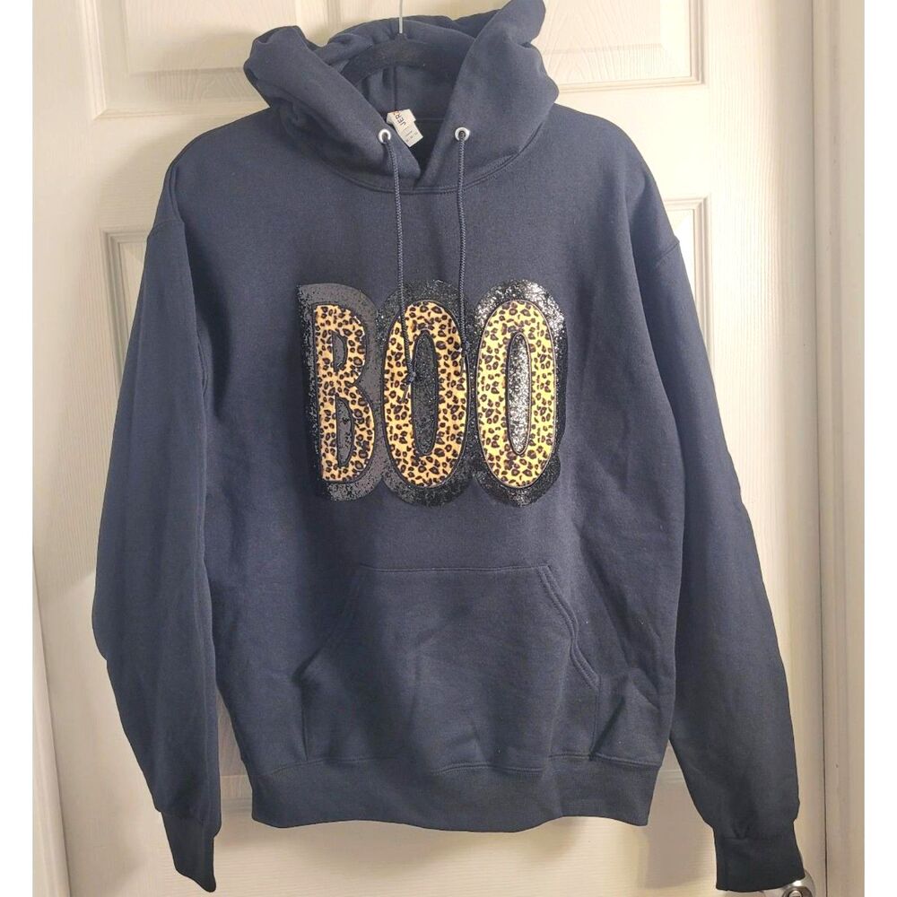 Jerzees M Halloween BOO Leopard Print Glitter Hoodie Spooky Season Graphic